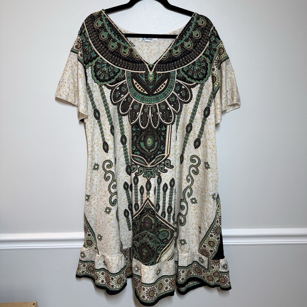 Lapogee Boho Medallion Print Tunic Dress 3X Bell Sleeve Ruffle Hem Cover Up